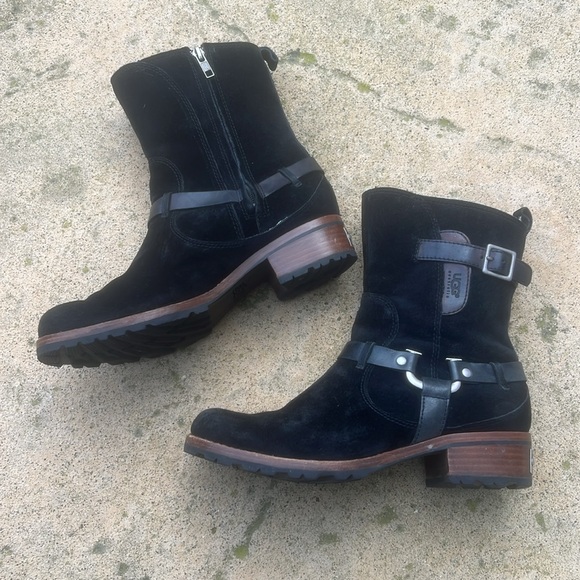 UGG Endell Women's Black Suede Leather Shearling Harness Moto Ankle Boot Size 8 - Picture 7 of 12